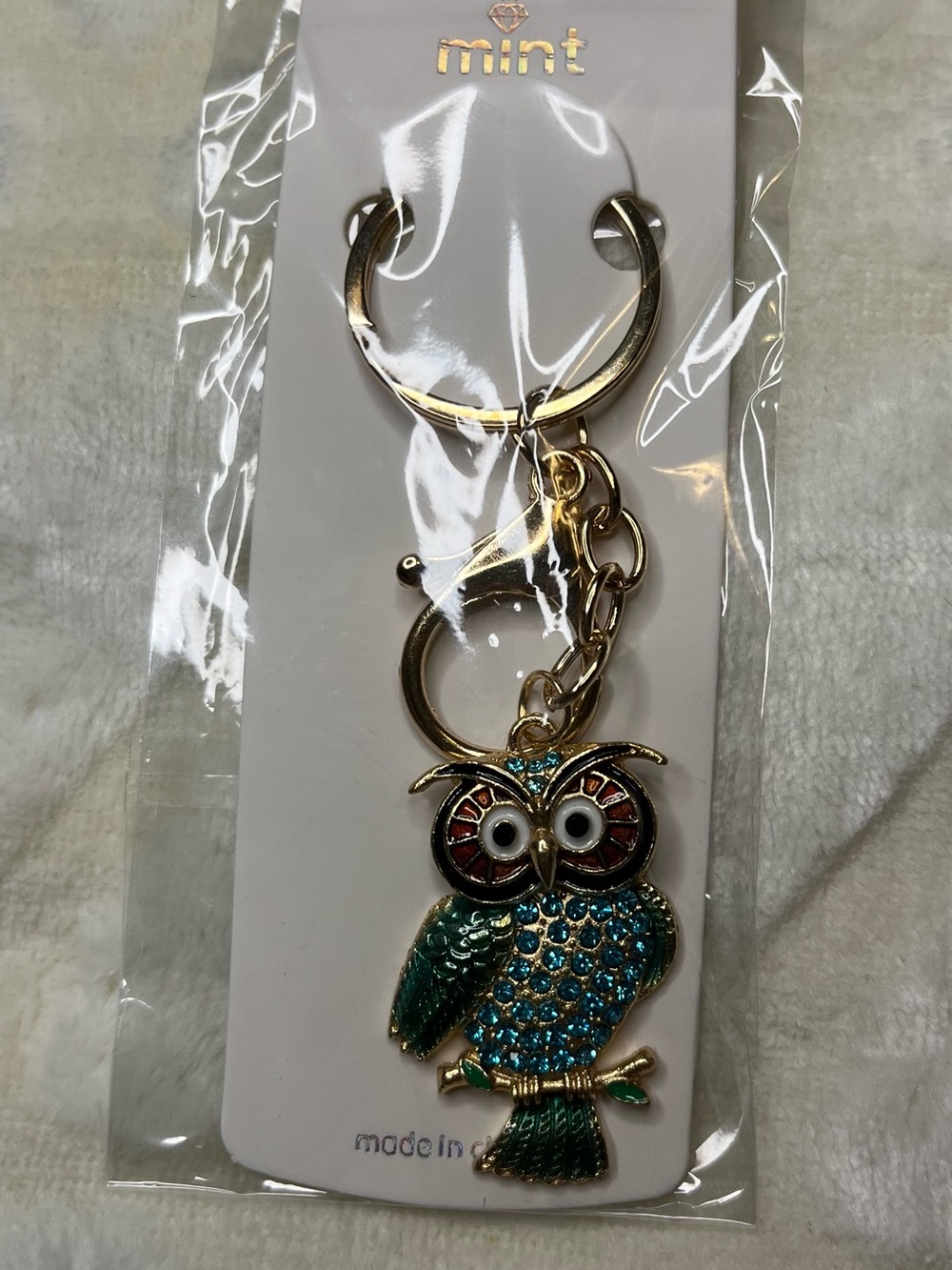 Mint Gold-Tone Owl Keychain with Teal and Red Enamel